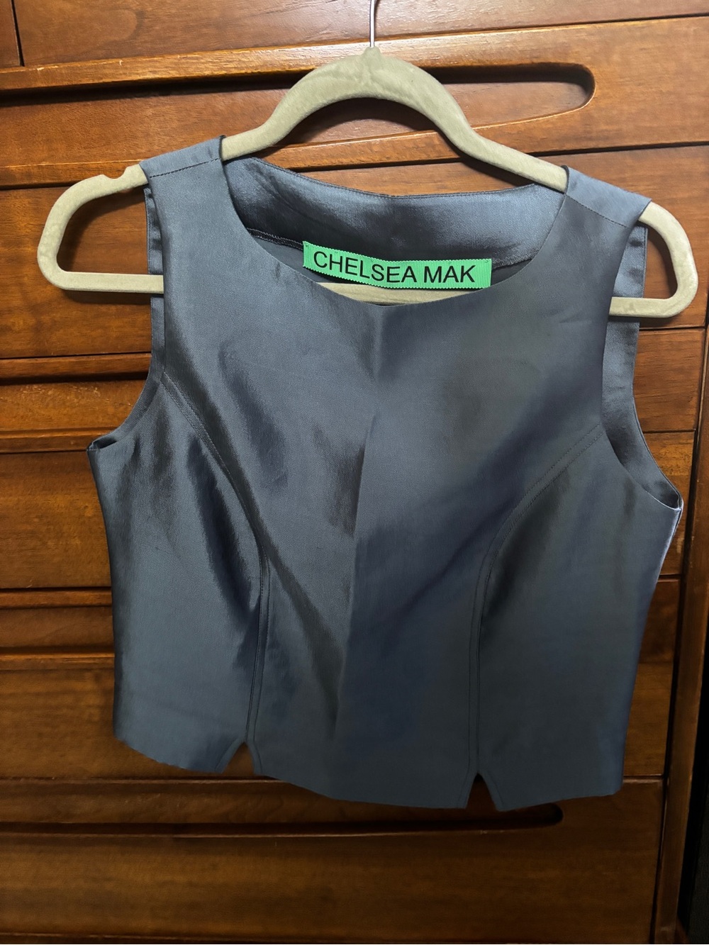Chelsea Mak silk blend Sleeveless Blue Crop Top - Modern Minimal size small - Picture 3 of 9